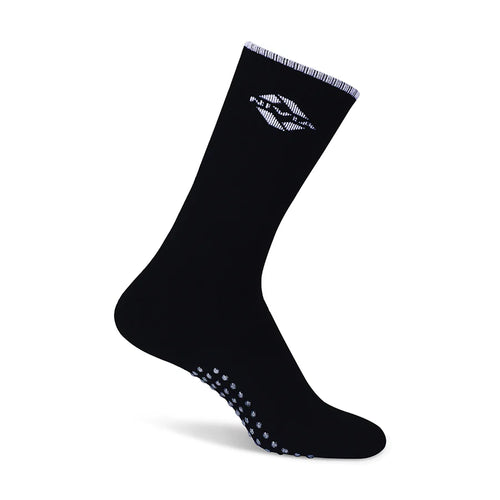Single black NIVIA Cricket Grip Sock featuring a white NIVIA logo near the cuff and grip dot pattern on the sole, designed for moisture control and foot stability during cricket activities.