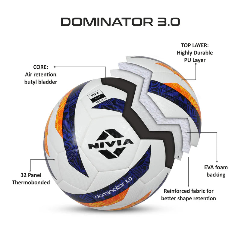 Infographic of the NIVIA Dominator 3.0 FIFA Basic Football showing a cutaway view of its layered construction, including a highly durable PU top layer, EVA foam backing, reinforced fabric for better shape retention, air retention butyl bladder core, and 32-panel thermobonded design, suitable for match and training use.