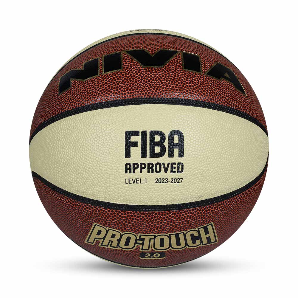 Front view of the NIVIA Pro Touch 2.0 Size 7 men’s basketball featuring a composite leather 8-panel design in brown and cream, with bold NIVIA and Pro Touch 2.0 branding and FIBA Approved Level 1 marking, suitable for practice and gameplay.