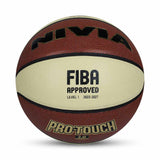 Front view of the NIVIA Pro Touch 2.0 Size 7 men’s basketball featuring a composite leather 8-panel design in brown and cream, with bold NIVIA and Pro Touch 2.0 branding and FIBA Approved Level 1 marking, suitable for practice and gameplay.
