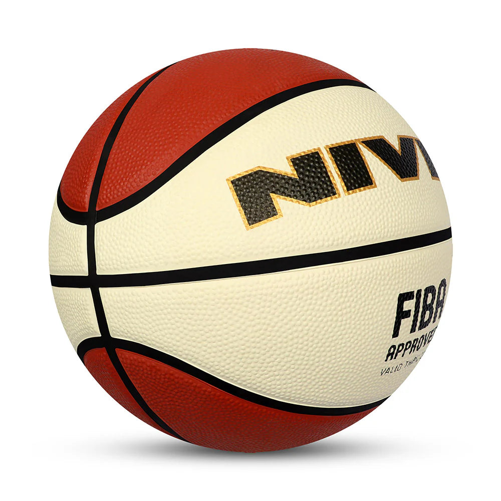 Angled view of the NIVIA Top Grip 3.0 Basketball featuring a textured cream and red compound rubber surface with black channel lines and embossed NIVIA branding, designed for match play on indoor and outdoor courts.