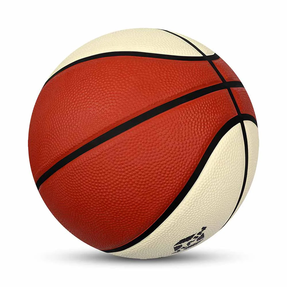 Rear angled view of the NIVIA Top Grip 3.0 Basketball showing its textured red and cream compound rubber surface with black channel lines, designed for durable grip and match play on indoor and outdoor courts.