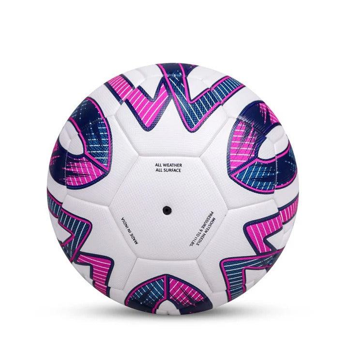 Rear view of the white NIVIA Trivela Thermobond Football featuring pink and blue geometric panel graphics, with “ALL WEATHER ALL SURFACE” text printed at the center and air valve visible, suitable for soccer training and match play.