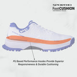 Side profile of the NIVIA Crick 1000 Cricket Shoe highlighting the PU-based FootCushion performance insole integrated into the midsole for responsive cushioning and long-lasting support, with mesh upper and studded outsole visible.