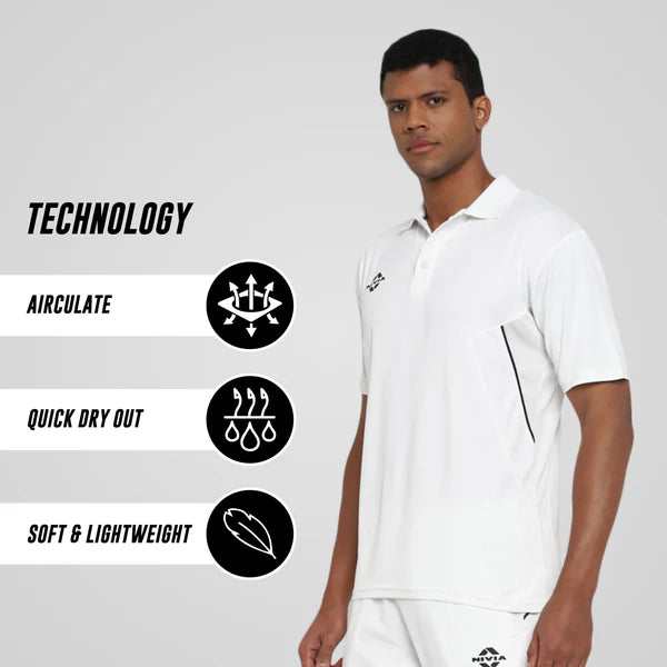 Male model wearing the off-white NIVIA Crick 1000 Jersey with half sleeves and jacquard collar, alongside on-image text highlighting technology features: Airculate, Quick Dry Out, and Soft & Lightweight.