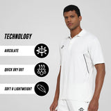 Male model wearing the off-white NIVIA Crick 1000 Jersey with half sleeves and jacquard collar, alongside on-image text highlighting technology features: Airculate, Quick Dry Out, and Soft & Lightweight.