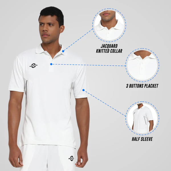 Male model wearing the off-white NIVIA Crick 1000 Jersey, with on-image callouts highlighting jacquard knitted collar, 3-button placket, and half-sleeve design.
