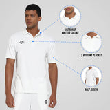Male model wearing the off-white NIVIA Crick 1000 Jersey, with on-image callouts highlighting jacquard knitted collar, 3-button placket, and half-sleeve design.