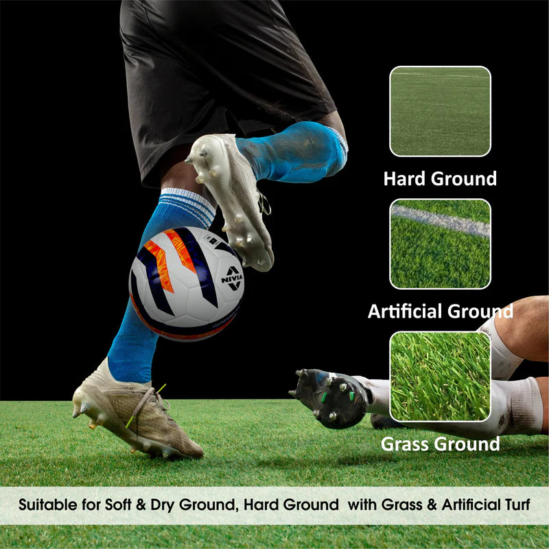 Action image of a player controlling the NIVIA Dominator 3.0 football with their foot on a grass field, with labels indicating suitability for hard ground, artificial ground, and grass ground, and text noting it is suitable for soft and dry ground, hard ground with grass, and artificial turf.