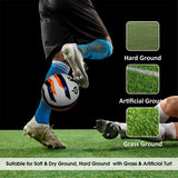 Action image of a player controlling the NIVIA Dominator 3.0 football with their foot on a grass field, with labels indicating suitability for hard ground, artificial ground, and grass ground, and text noting it is suitable for soft and dry ground, hard ground with grass, and artificial turf.