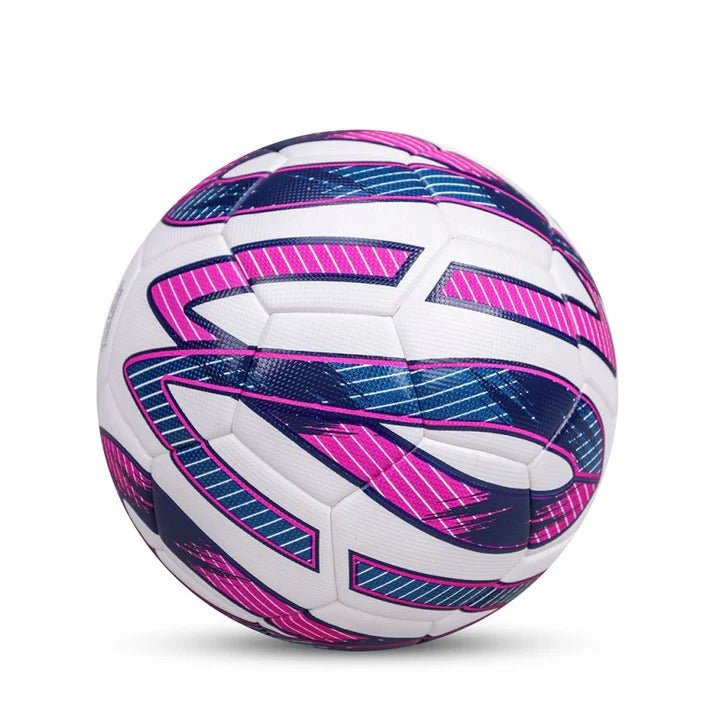 Side view of the NIVIA Trivela Thermobond Football in white with bold pink and blue curved geometric graphics across the panels, showcasing its thermobond construction for consistent shape and durability during soccer training and match play.