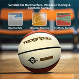NIVIA Top Grip 3.0 Basketball match ball placed on a wooden court, highlighting its suitability for hard surfaces, wooden flooring, and indoor synthetic surfaces, with small icons above showing each court type.