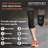 Athlete wearing NIVIA Knitted Knee Support Slip-In sleeves while running, highlighting compression design for knee stabilization and use across sports such as basketball, baseball, running, cycling, weightlifting, tennis, walking, and skiing.