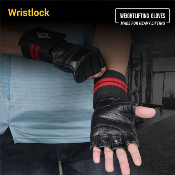 Athlete wearing NIVIA Wrist Lock Weight Lifting Gloves in a gym setting, highlighting genuine leather palm, fingerless design, and extended wrist wrap with red stripes for added support and stability during heavy lifting.