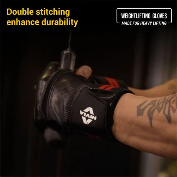 Close-up of an athlete wearing NIVIA Wrist Lock Weight Lifting Gloves while using gym equipment, highlighting double stitching for enhanced durability and secure wrist support during heavy lifting.