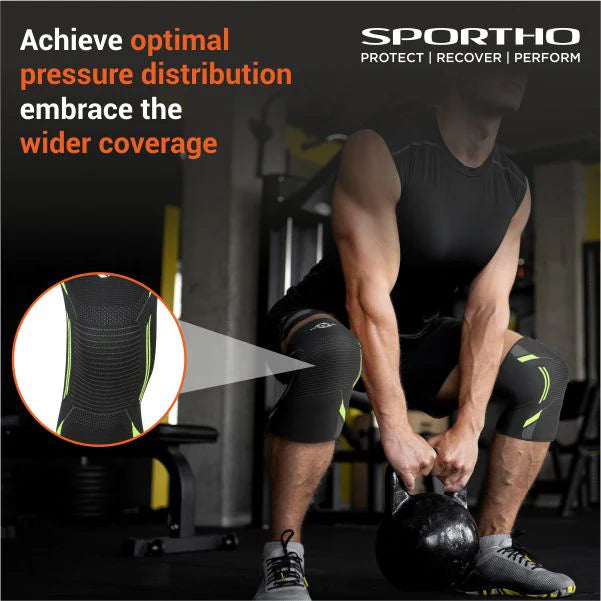 Athlete wearing NIVIA Knitted Knee Support Slip-In sleeves while performing a kettlebell exercise in a gym, highlighting compression design and extended coverage for knee support during workouts.