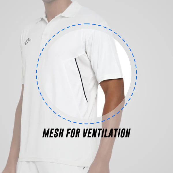 Close-up of the off-white NIVIA Crick 1000 Jersey highlighting the side mesh panel for ventilation, with on-image text reading “Mesh for Ventilation.
