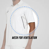 Close-up of the off-white NIVIA Crick 1000 Jersey highlighting the side mesh panel for ventilation, with on-image text reading “Mesh for Ventilation.