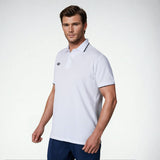 Angled front view of a model wearing the NIVIA Ray 17 Polo Shirt in light grey, featuring a classic collar with button placket and contrast trim on the collar and sleeve cuffs, made from polyester cotton fabric for everyday casual wear.