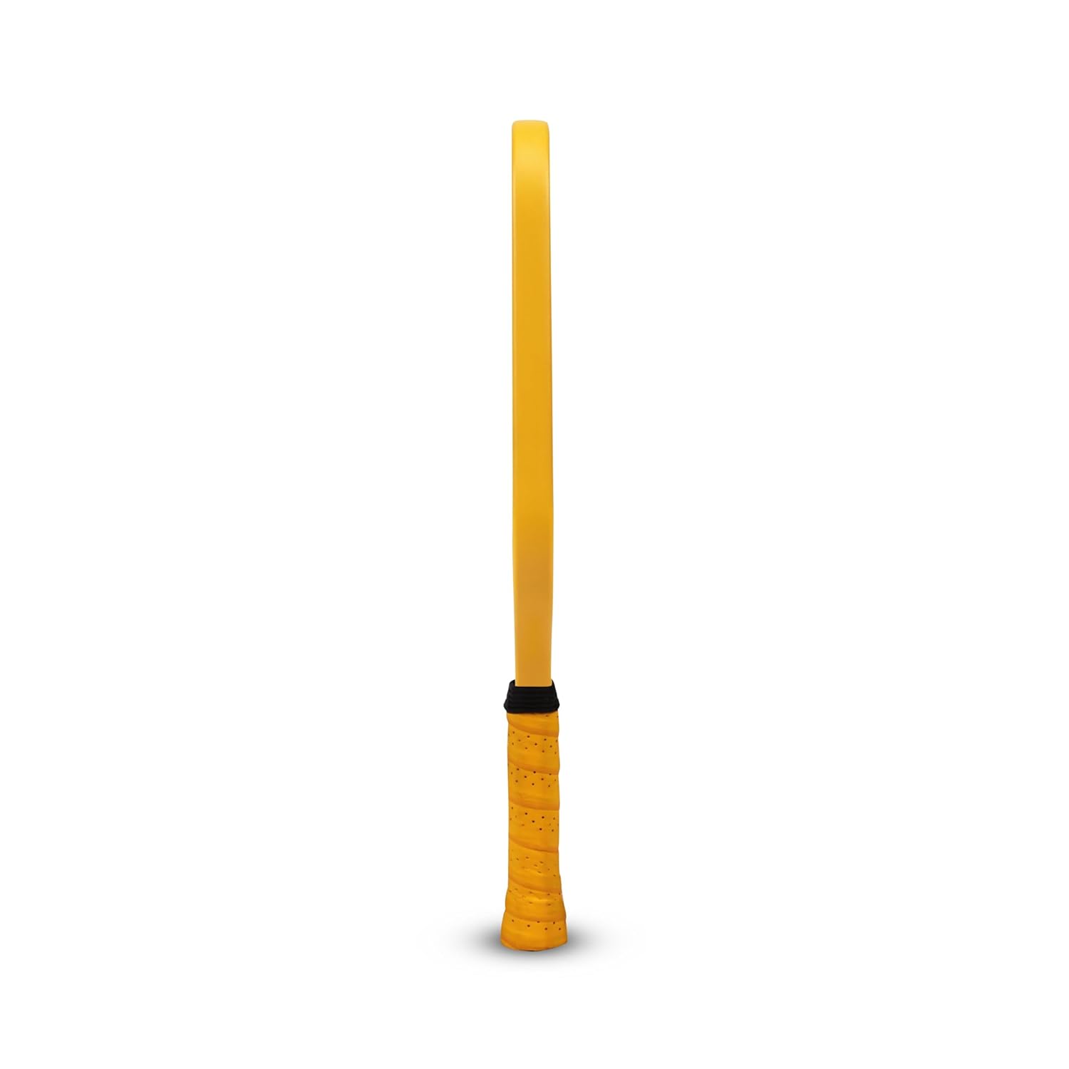 Side profile of the NIVIA K-5000 Pro Pickleball Paddle showing its thick paddle core, yellow edge guard, and matching yellow perforated grip with a black neck band.