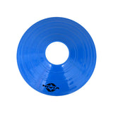 Blue NIVIA saucer cone with circular low-profile shape and center hole, designed for marking boundaries, drill stations, and agility setups in indoor and outdoor sports training sessions.