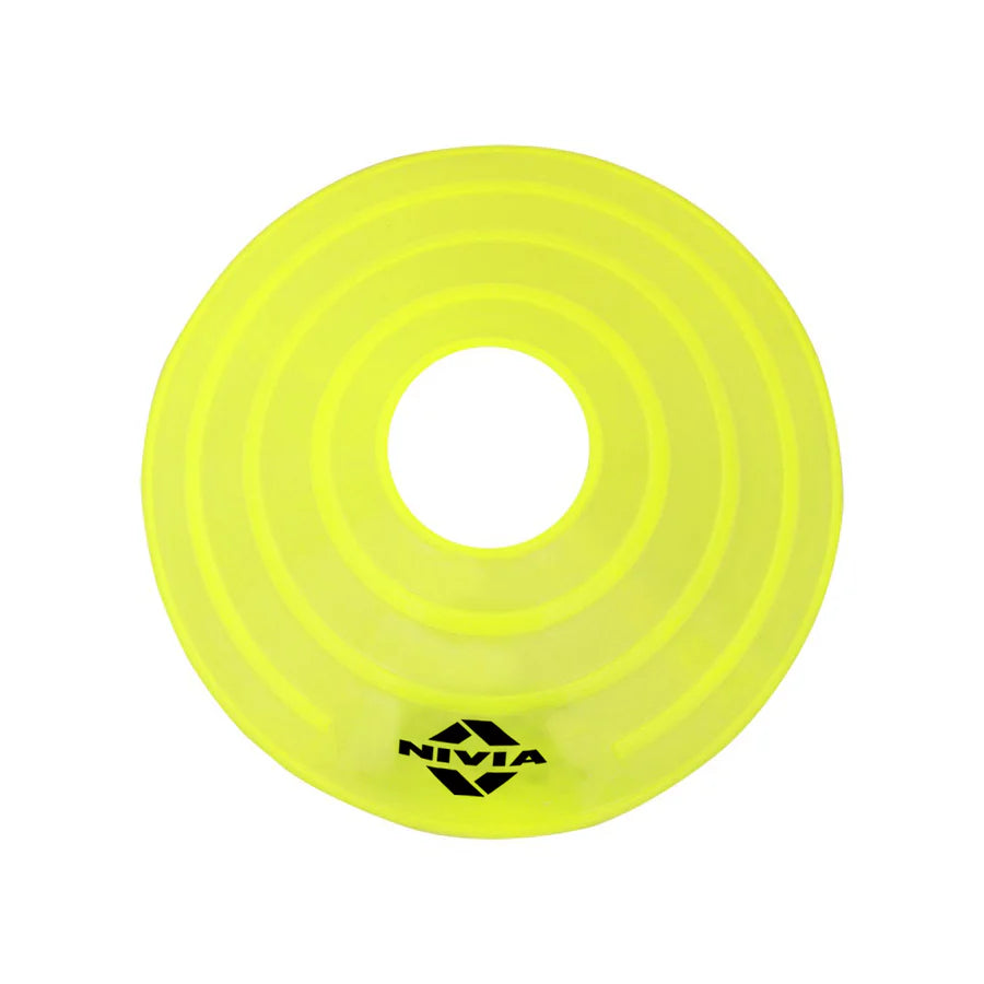 yellow NIVIA saucer cone with low-profile circular design and center opening, used for marking drill stations, boundaries, and agility layouts in indoor and outdoor sports training.