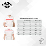 NIVIA Crick 1000 Jersey size chart showing body measurements for T-shirt including round chest and shoulder dimensions in centimeters and inches for sizes XS to XXL, with diagrams indicating chest and shoulder measurement areas and a regular fit label.