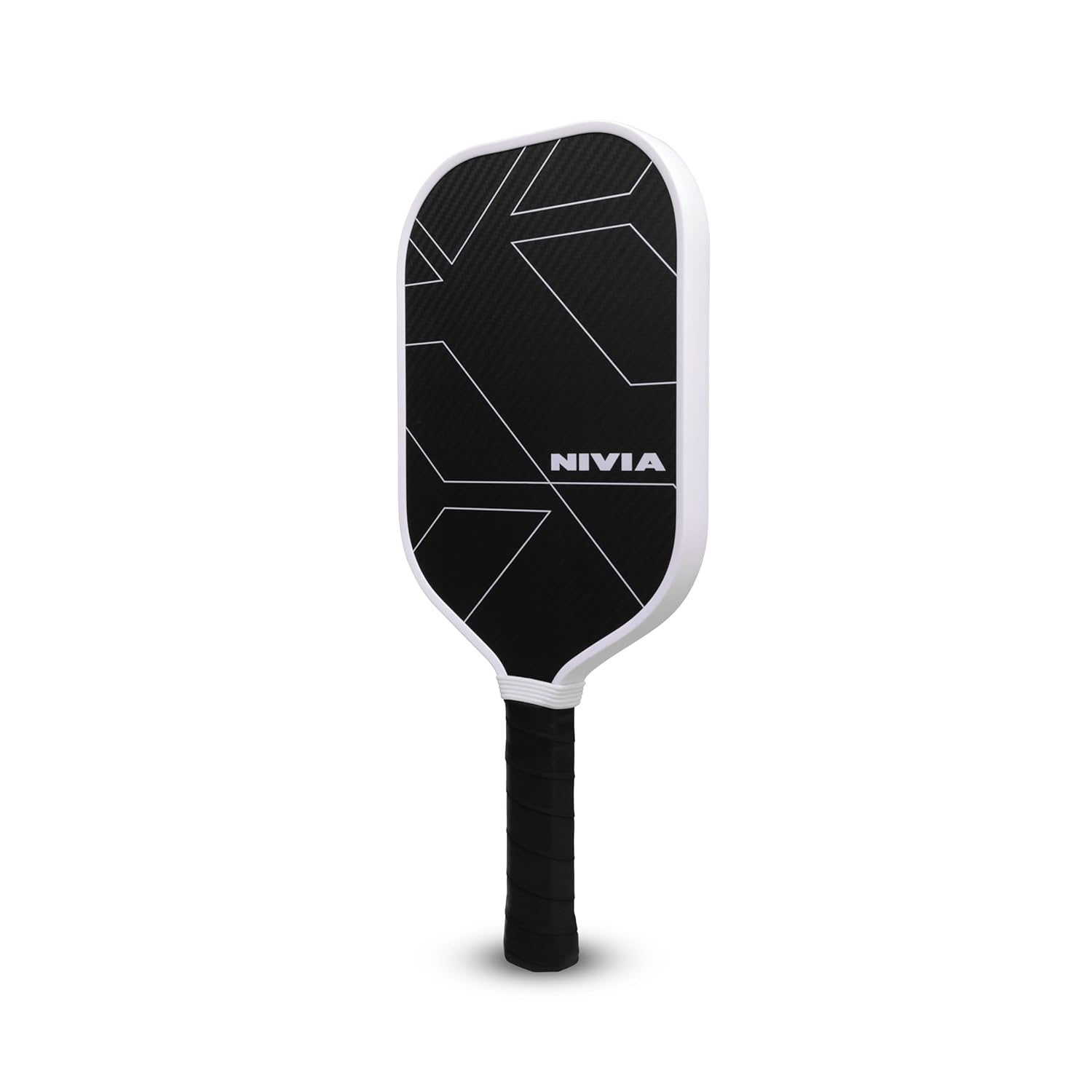 Nivia K-2500 Pickleball Paddle back view with black carbon surface, white geometric line design, white edge guard, and black handle grip.