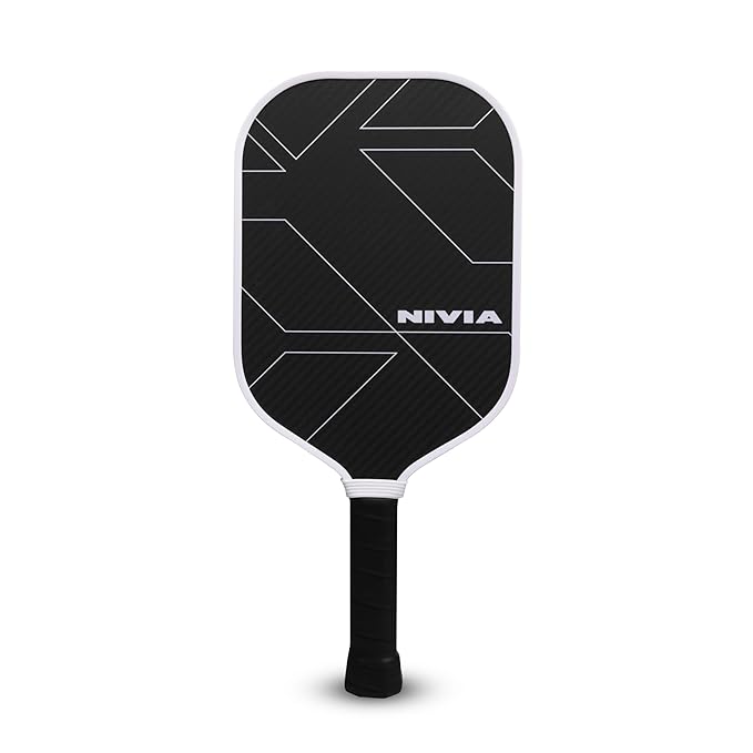 Nivia K-2500 Pickleball Paddle front view with black carbon surface, white geometric pattern, white edge guard, and black handle grip.
