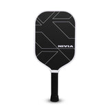 Nivia K-2500 Pickleball Paddle front view with black carbon surface, white geometric pattern, white edge guard, and black handle grip.