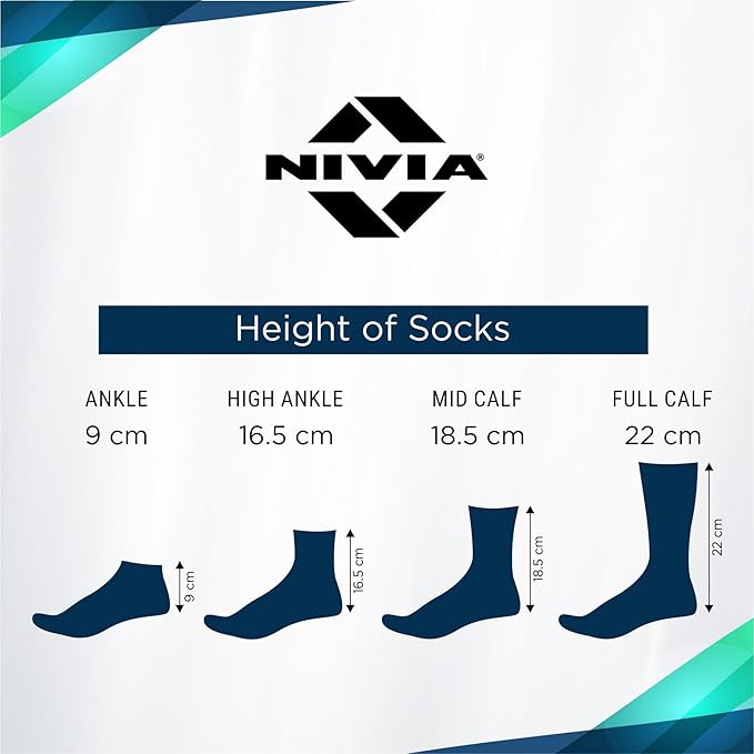 NIVIA infographic showing “Height of Socks” with four length options: Ankle (9 cm), High Ankle (16.5 cm), Mid Calf (18.5 cm), and Full Calf (22 cm), illustrated with silhouette diagrams indicating sock height measurements.