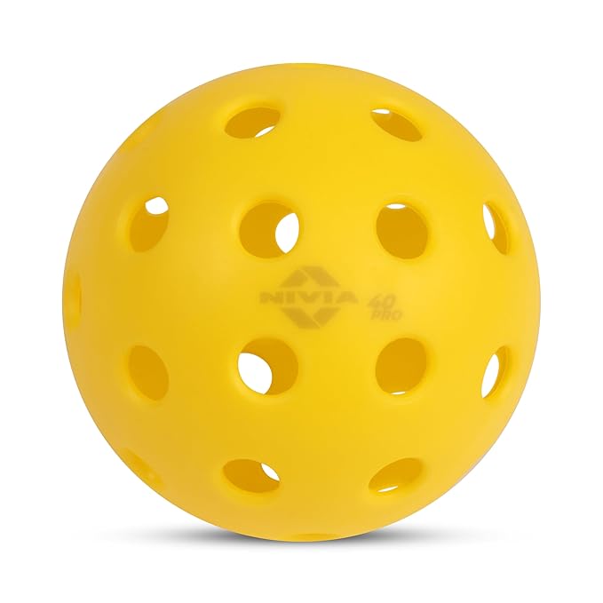 Front view of a bright yellow NIVIA Pickleball 40 Pro Outdoor Ball featuring a 40-hole design and subtle NIVIA 40 Pro branding, shown against a clean white background.