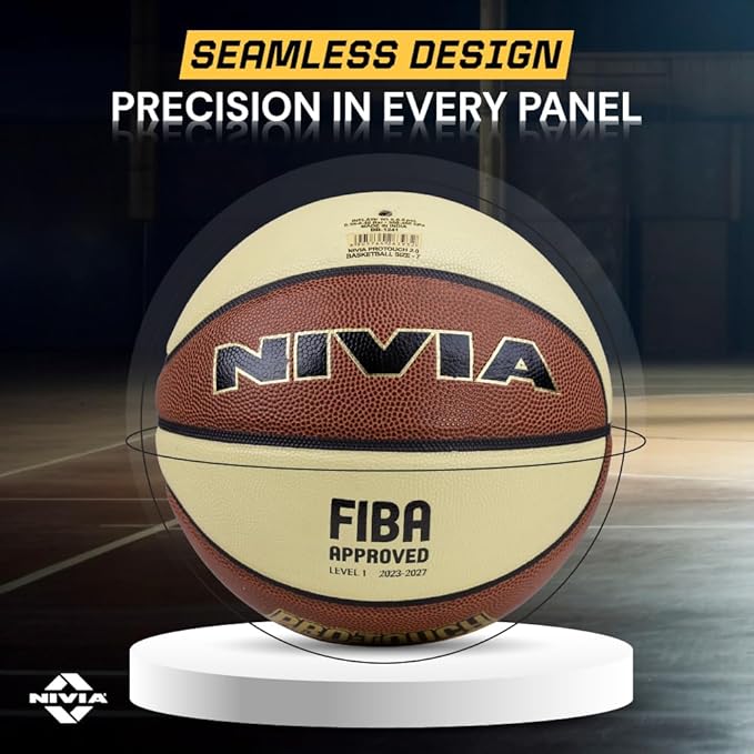 NIVIA Pro Touch 2.0 Size 7 men’s basketball displayed on a pedestal with “Seamless Design – Precision in Every Panel” text above, featuring a composite leather 8-panel construction and FIBA Approved Level 1 marking for practice and gameplay.