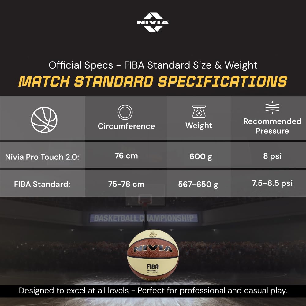 Infographic showing official match standard specifications for the NIVIA Pro Touch 2.0 Size 7 basketball, including 76 cm circumference, 600 g weight, and 8 psi recommended pressure, aligned with FIBA standard size and weight guidelines.