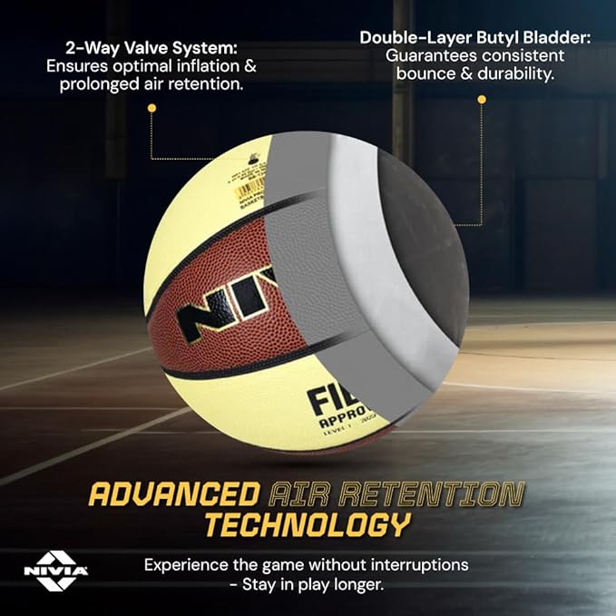 Cutaway view of the NIVIA Pro Touch 2.0 Size 7 basketball highlighting its 2-way valve system for optimal inflation and prolonged air retention, along with a double-layer butyl bladder for consistent bounce and durability, labeled as advanced air retention technology.