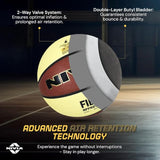 Cutaway view of the NIVIA Pro Touch 2.0 Size 7 basketball highlighting its 2-way valve system for optimal inflation and prolonged air retention, along with a double-layer butyl bladder for consistent bounce and durability, labeled as advanced air retention technology.