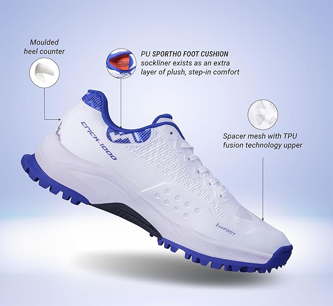 Product feature image of NIVIA Crick 1000 Cricket Shoes in white and blue highlighting the moulded heel counter, PU SPORTHO foot cushion sockliner for added cushioning, and spacer mesh upper with TPU Fusion Technology for airflow and structural support.