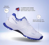 Product feature image of NIVIA Crick 1000 Cricket Shoes in white and blue highlighting the moulded heel counter, PU SPORTHO foot cushion sockliner for added cushioning, and spacer mesh upper with TPU Fusion Technology for airflow and structural support.