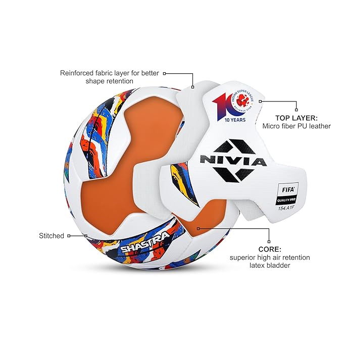 Cutaway view of the NIVIA Shastra Match Football showing its layered construction, including a microfiber PU leather top layer, reinforced fabric layer for shape retention, stitched panels, and a high air retention latex bladder core, with FIFA Quality Pro certification for professional match play.