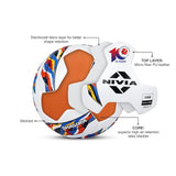 Cutaway view of the NIVIA Shastra Match Football showing its layered construction, including a microfiber PU leather top layer, reinforced fabric layer for shape retention, stitched panels, and a high air retention latex bladder core, with FIFA Quality Pro certification for professional match play.