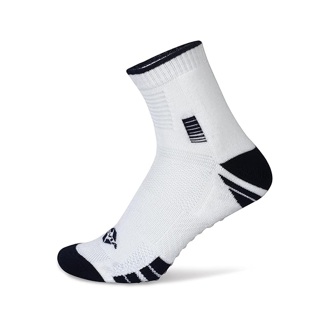 Single white NIVIA Court Sock with navy toe, heel, and trim accents, featuring a high ankle design and supportive knit structure for comfort, moisture management, and stability during sports activities.