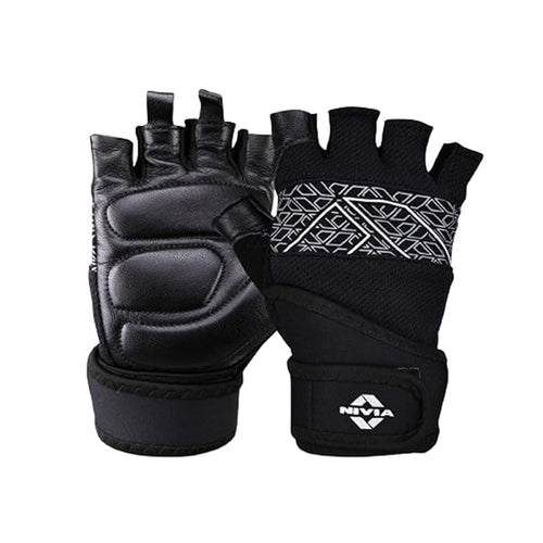 Pair of NIVIA Pro Grip Gym Gloves in black featuring a half-finger design, padded palm for enhanced grip, and adjustable wrist support strap, designed for weightlifting and fitness workouts.