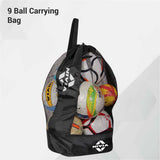 Black NIVIA 9 Ball Carrying Bag with durable mesh body and double zip closure, filled with multiple sports balls including footballs, volleyballs, and rugby balls, designed to hold up to nine inflatable balls for easy transport during team practices and events.