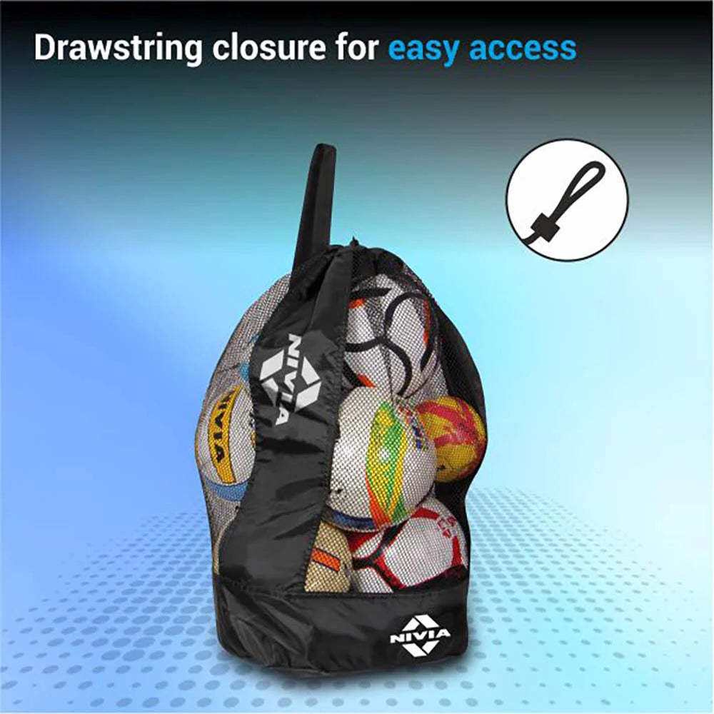 Black NIVIA Ball Carrying Bag made of durable mesh and filled with multiple sports balls, featuring a drawstring closure for easy access, shown against a blue background with a drawstring icon highlighting the closure design.