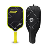 NIVIA K-3000 Pro Pickleball Paddle displayed alongside its black zippered cover bag. The paddle features a black carbon surface with geometric detailing, neon yellow edge guard and cushioned handle grip, and “K-3000 Pro” branding on the face. Designed for outdoor pickleball play for kids and adults, it comes with a protective cover bag for storage and transport.