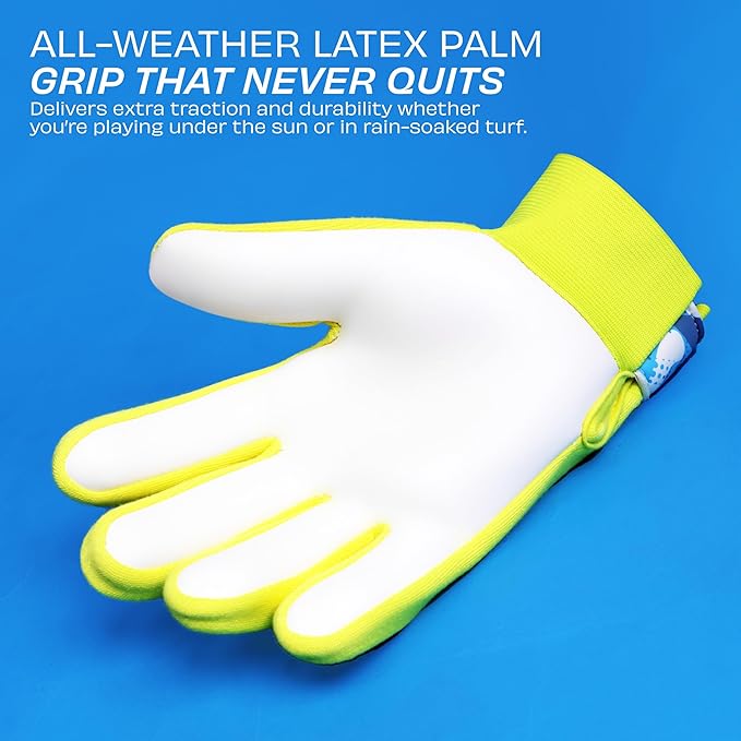 NIVIA Air Strike Football Goalkeeper Glove showing the white all-weather latex palm with neon yellow trim, designed to deliver reliable grip and durability in both dry and wet playing conditions.