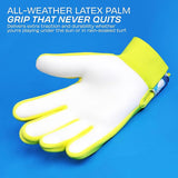 NIVIA Air Strike Football Goalkeeper Glove showing the white all-weather latex palm with neon yellow trim, designed to deliver reliable grip and durability in both dry and wet playing conditions.