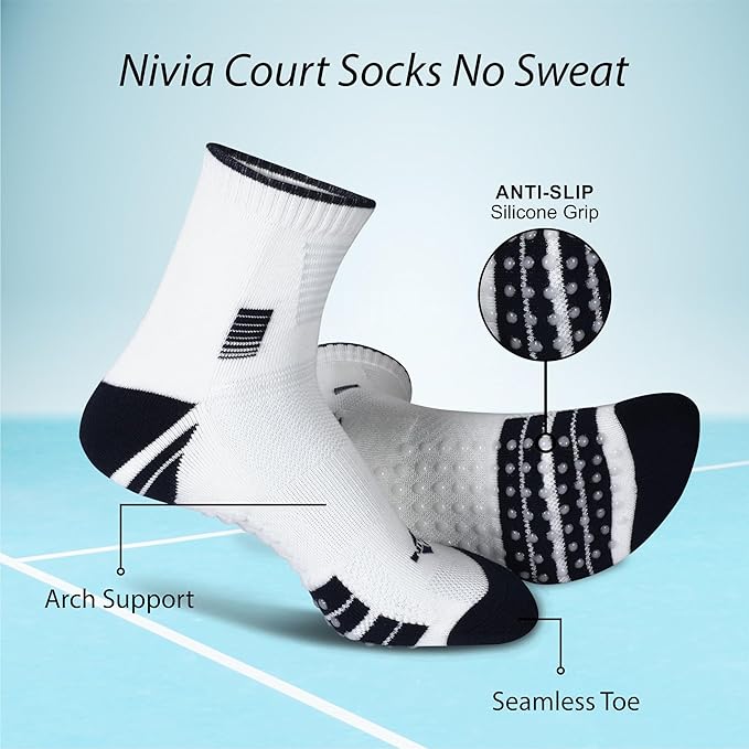 Promotional image of white NIVIA Court Socks No Sweat with navy accents, highlighting features such as anti-slip silicone grip on the sole, arch support, and seamless toe design for enhanced comfort, stability, and moisture management during sports activities.