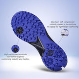 Rear view of NIVIA Crick 1000 Cricket Shoes in white and blue showing the heel structure, moulded heel counter, and blue rubber outsole designed for grip and stability during cricket play.