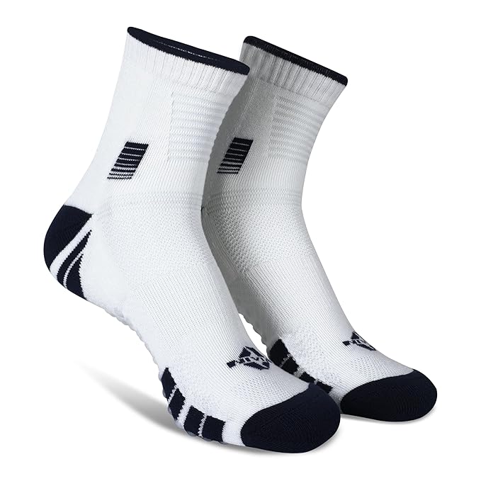 Pair of NIVIA Court Socks in white with navy toe, heel, and trim accents, featuring a high ankle design and supportive knit pattern for comfort, moisture management, and stability during sports activities.